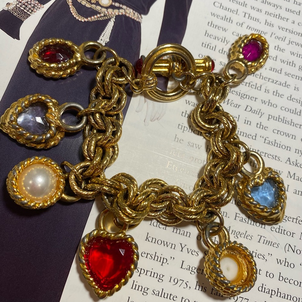 Gold Charm Bracelet with Multicolor Heart Accents